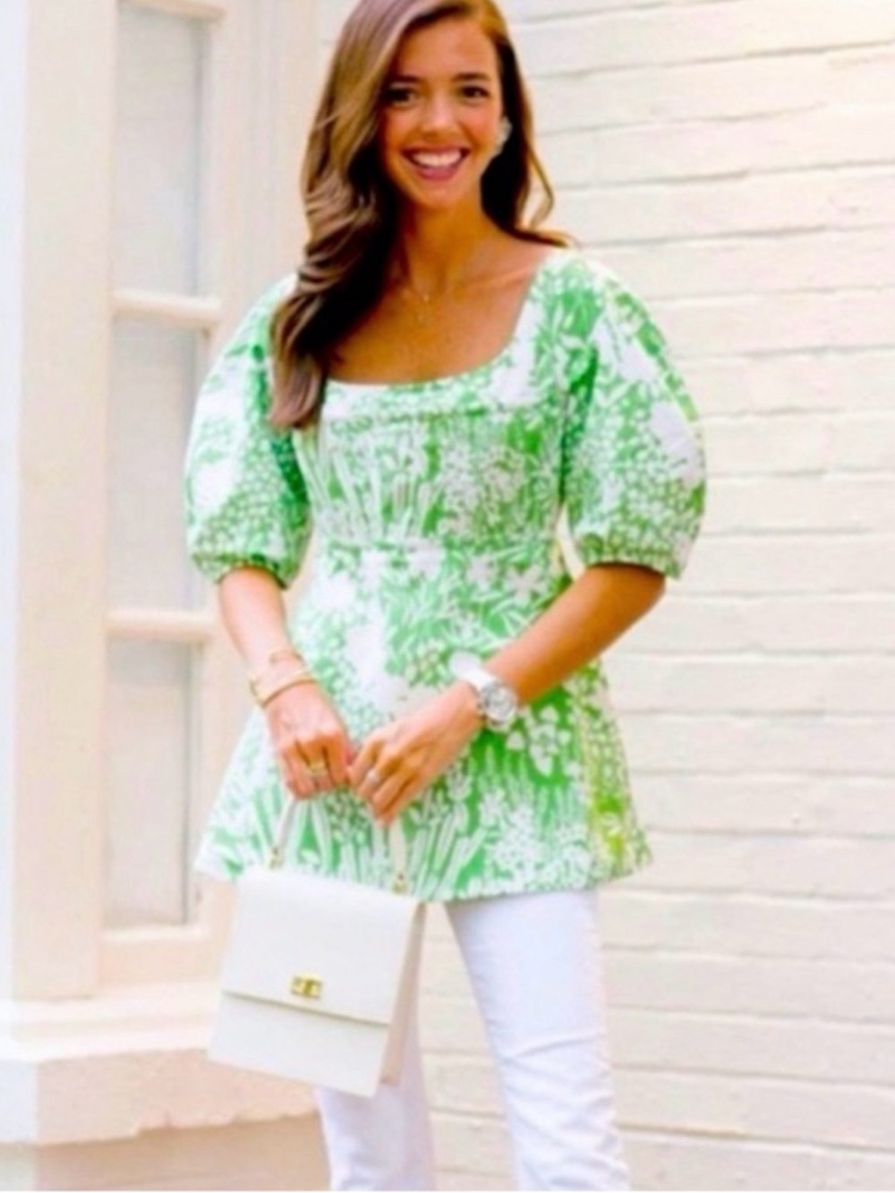 NWT Tuckernuck Nealy Corset Puff Sleeve Peplum Top Green Garden Floral Size L